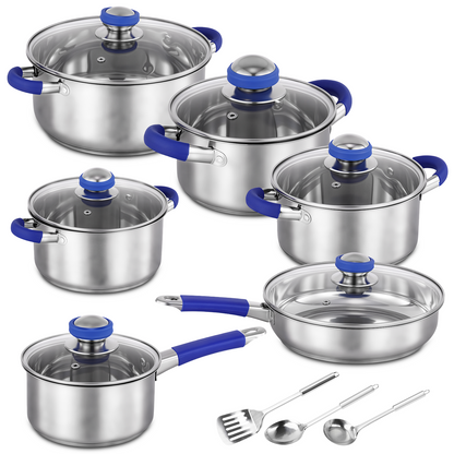 15Pcs Stainless Steel Cookware Set, Pots and Pans Set with Glass Lids, Kitchen Induction Cookware with Utensil Sets For Oven & Dishwasher ,Heavy Premium Kitchen Cooking, Blue