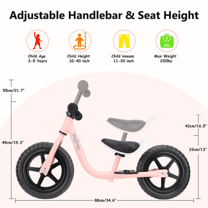 12-Inch Balance Bike No Pedal Lightweight Bike for Boys Girls 1.5 to 4 Years Old, Toddler Bike with Adjustable Seat, Carry Handle
