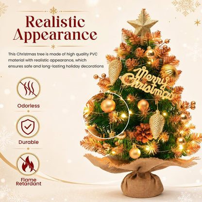 Mini Christmas Tree Tabletop Set with LED Lights, Artificial Small Christmas Tree with Star Treetop, Berries Pinecone, Ball Ornaments, DIY Xmas Decorations for Home Office and Indoor Festive Displays