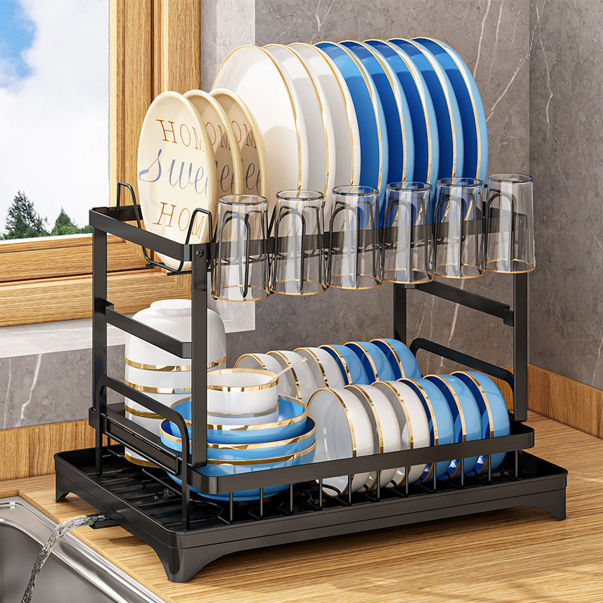 Dish Drying Rack, 2-Tier Stainless Steel Dish Racks, Dish Drainer for Kitchen Counter, Black