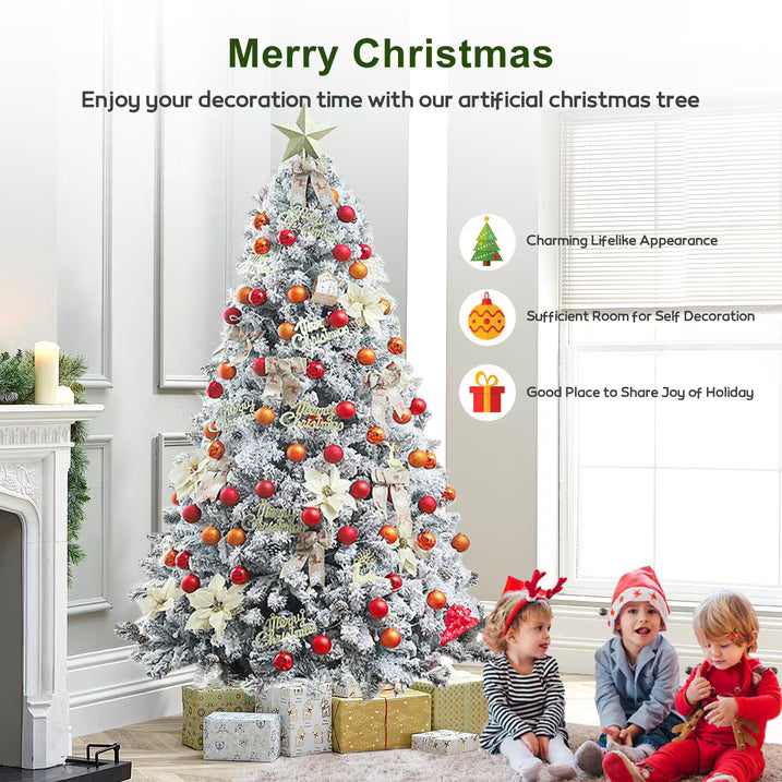 7FT Artificial Snow Flocked Christmas Tree, Unlit Artificial Christmas Pine Tree with 800 Branch Snow Tips and Metal Stand, Holiday Xmas Pine Tree for Indoor Outdoor Home Office Party Decoration