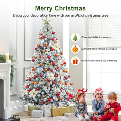 7FT Artificial Snow Flocked Christmas Tree, Unlit Artificial Christmas Pine Tree with 800 Branch Snow Tips and Metal Stand, Holiday Xmas Pine Tree for Indoor Outdoor Home Office Party Decoration