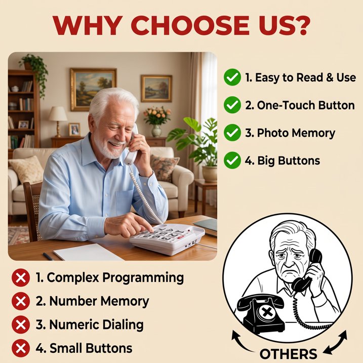 Large Button Phones for Seniors, Land Line Phones for Elderly, Big Button Home Telephone for the Visually Impaired, 110dB+ Amplified Ringer & 80dB+ Handset Volume for the Hearing Impaired Phone