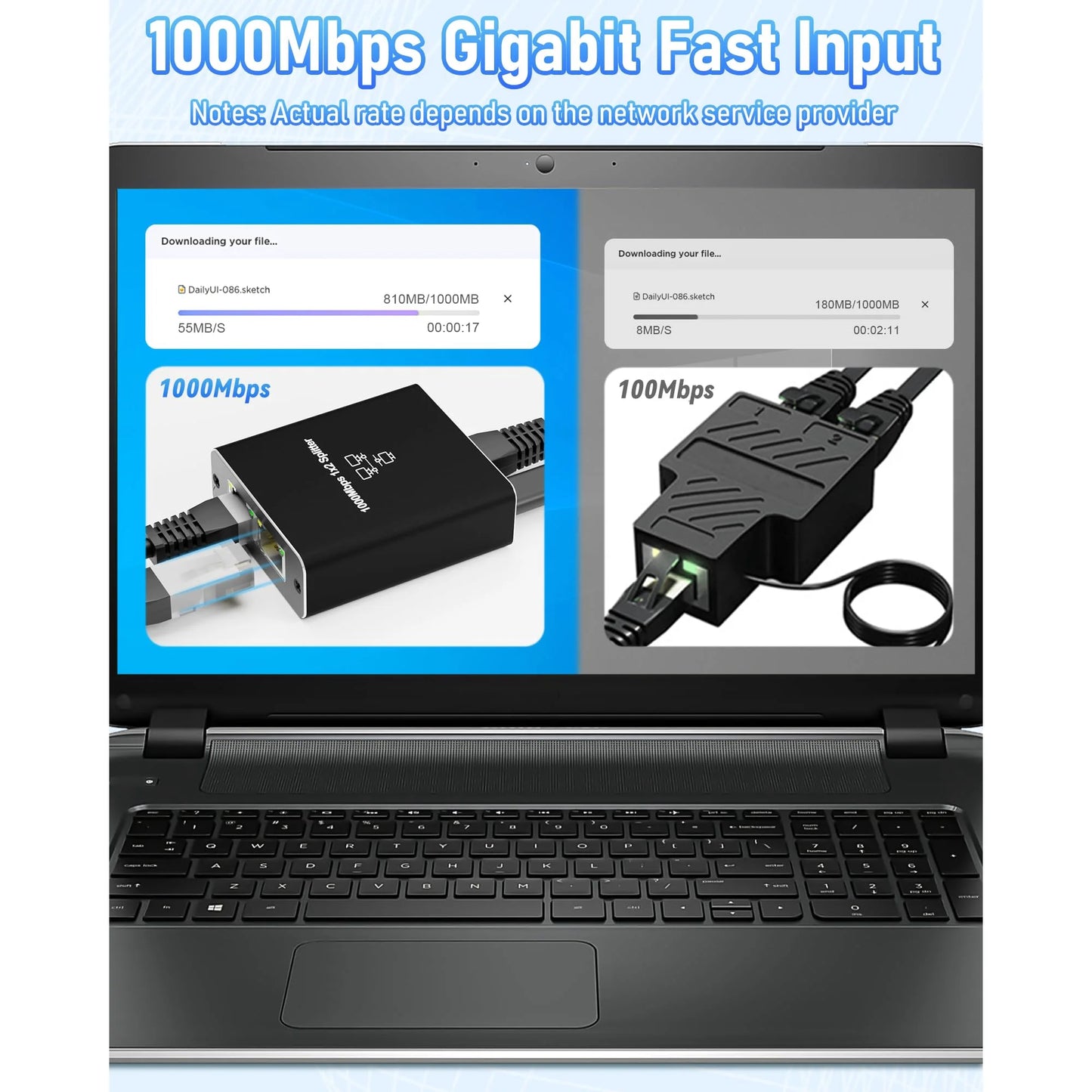 Ethernet Splitter 1 to 2, 1000Mbps Internet Cable Splitter 1 in 2 Out High Speed Either Network Splitter Gigabit Network Extension Dual LAN RJ45 Port Router Switch Work with Cat5/5e/6/7/8 Cable