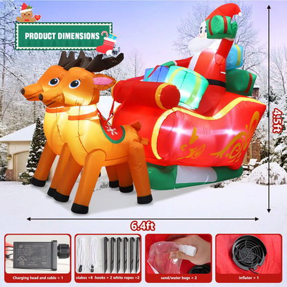 6FT Long Christmas Inflatable Santa Claus on Sleigh with Reindeer and Gift Boxes LED Lighted Blow up Outdoor Yard Decoration for Holiday Christmas Party Yard Garden