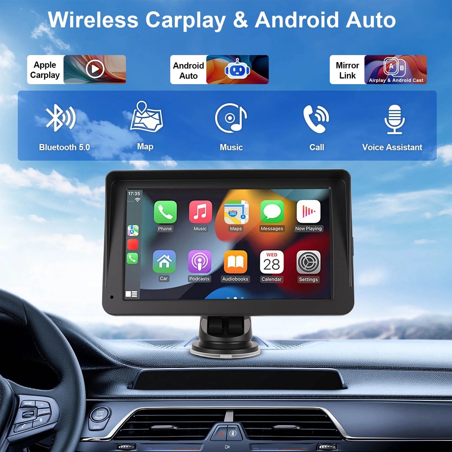 7" Wireless Carplay Screen for Car Portable Stereo Touchscreen with CarPlay and Android Auto with Mirror Link/Backup Camera/Bluetooth/Voice Control/GPS Navigation/AUX for All Vehicles, 64GB Memory