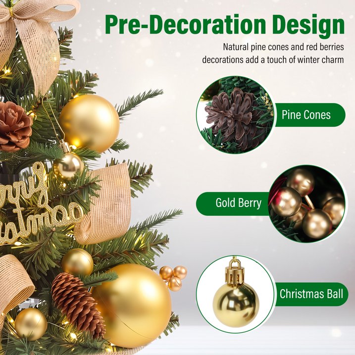 Mini Christmas Tree Tabletop Set with 30 LED Lights, 18 inch Artificial Xmas Tree with PineCones Berries Bows Balls & Gift Boxes Ornaments, Perfect DIY Xmas Decorations for Holiday Home Kitchen