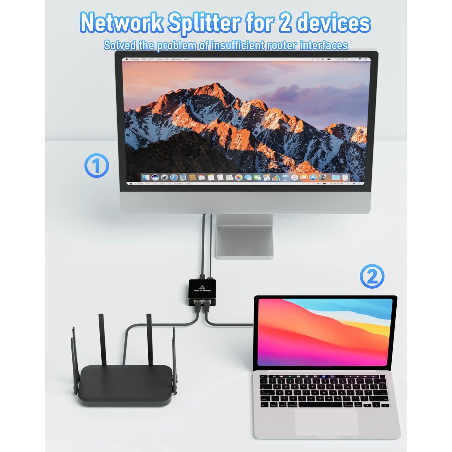 Ethernet Splitter 1 to 2, 1000Mbps Internet Cable Splitter 1 in 2 Out High Speed Either Network Splitter Gigabit Network Extension Dual LAN RJ45 Port Router Switch Work with Cat5/5e/6/7/8 Cable