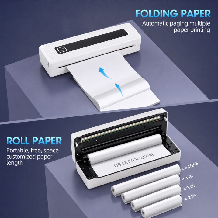 Bluetooth Thermal Printer, Portable Printer Wireless for Travel,Office&School, Includes Rolls Paper – Supports US Letter,A4 Thermal Paper, Inkless Printing, Compatible with iOS,Android & Laptops