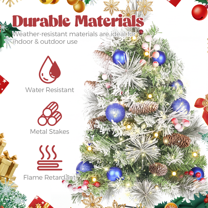 2 Pack 30 inch Prelit Outdoor Pathway Christmas Tree with LED Lights, Battery Operated Snow Flocked Christmas Tree with Pine Needles Cones Balls & Berries, Frosted Urn Filler for Porch Yard Decor