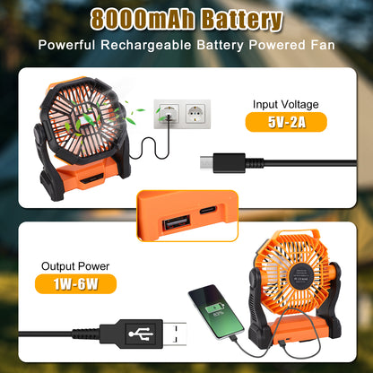 Camping Fans for Tent 8000mAh Portable Fan with LED Light & Hook USB Rechargeable Fan 4 Speeds for Outdoor Tent Travel Picnic Fishing Office Bedroom Desk Fan