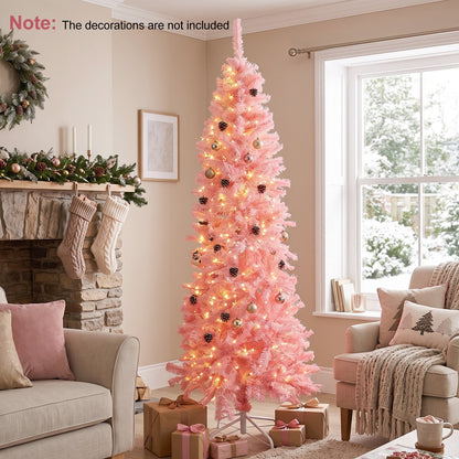 7ft Flocked Pink Pencil Christmas Tree, Pre-Lit Slim Artificial Holiday Decoration, Lighted Skinny w/Base, Warm White Lights