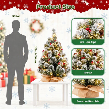20 inch Prelit Snow Flocked Christmas Tree with Light, Small Artificial Tabletop Xmas Trees with Red Berries, Pinecones and Cloth Bag Base, Indoor Table Centerpieces Xmas Home Holiday Decorations