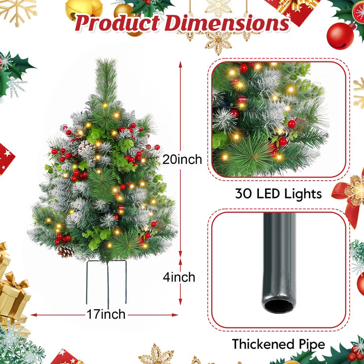 2 Pack 24inch Pre-Lit Pathway Christmas Trees Urn Filler, Artificial Mini Xmas Trees with Tripod Stake, 30 LED Lights & Timer, Battery Powered Outdoor Light Up Planter Filler Festival Holiday Decor