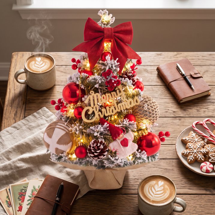 45cm Snow Flocked Mini Xmas Tree with Lights/Base Pinecones Red Berries Artificial Tabletop Xmas Tree for Festive Home Decor Red