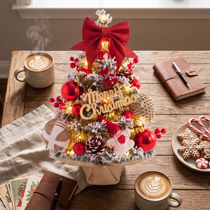 45cm Snow Flocked Mini Xmas Tree with Lights/Base Pinecones Red Berries Artificial Tabletop Xmas Tree for Festive Home Decor Red
