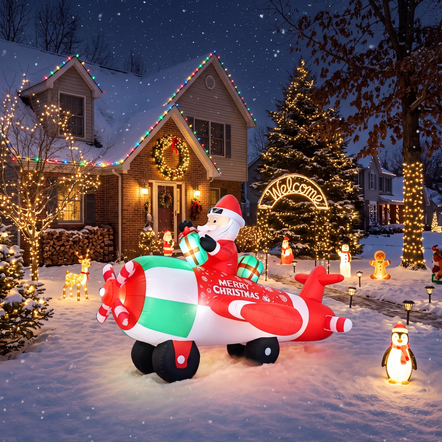 9FT Christmas Inflatables Airplane Outdoor Decorations Santa Claus on Flying Helicopter Built-in LED Lights Xmas Inflatable Blow Up Christmas Yard Decor