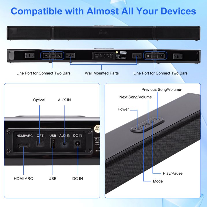 Sound Bar for Smart TV, Soundbar with Bluetooth/ARC/Opt/AUX Connect, Auto Volume Boost, 3 Equalizer Modes, 2 in 1 Detachable Soundbar for TV/PC/Gaming/Projectors
