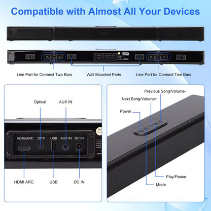 Sound Bar for Smart TV, Soundbar with Bluetooth/ARC/Opt/AUX Connect, Auto Volume Boost, 3 Equalizer Modes, 2 in 1 Detachable Soundbar for TV/PC/Gaming/Projectors