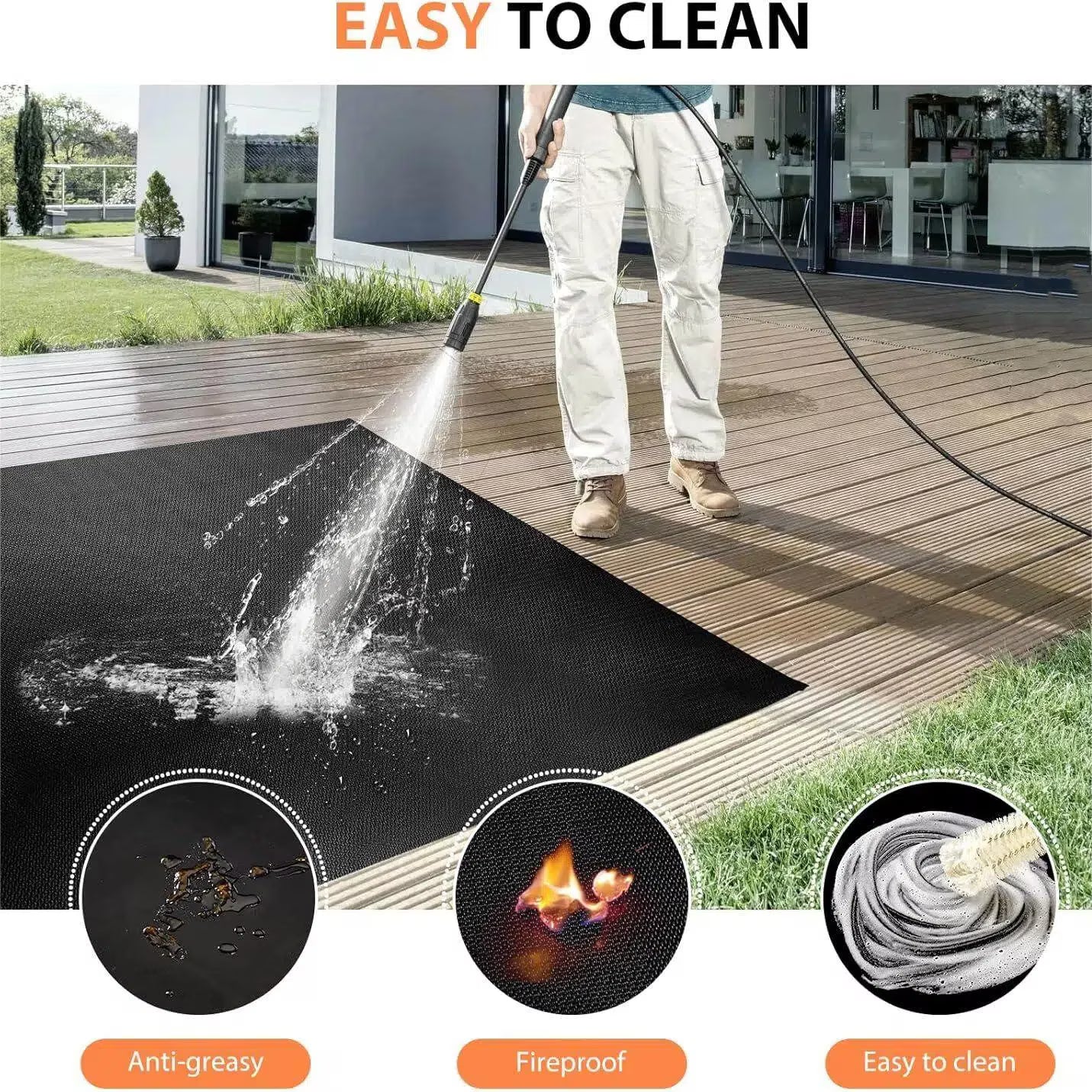 Under Grill Mat, 48 x 36 inch Reusable BBQ Floor Mats, Deck Patio Protector Mat, Indoor Fireplace Mats Fire Pit Mats for Deck Patio, Fire and Oil Resistant, Easy to Clean, Black
