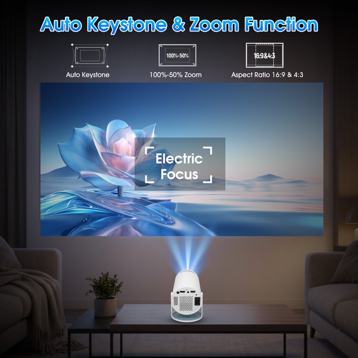 Mini Projector, Portable Projector with WiFi and Bluetooth, Built in Apps, Support 4K 1080P, 180° Rotation, Auto Keystone, Movie Projector Compatible with HD-MI/USB/TV Stick/Smartphone/Laptop