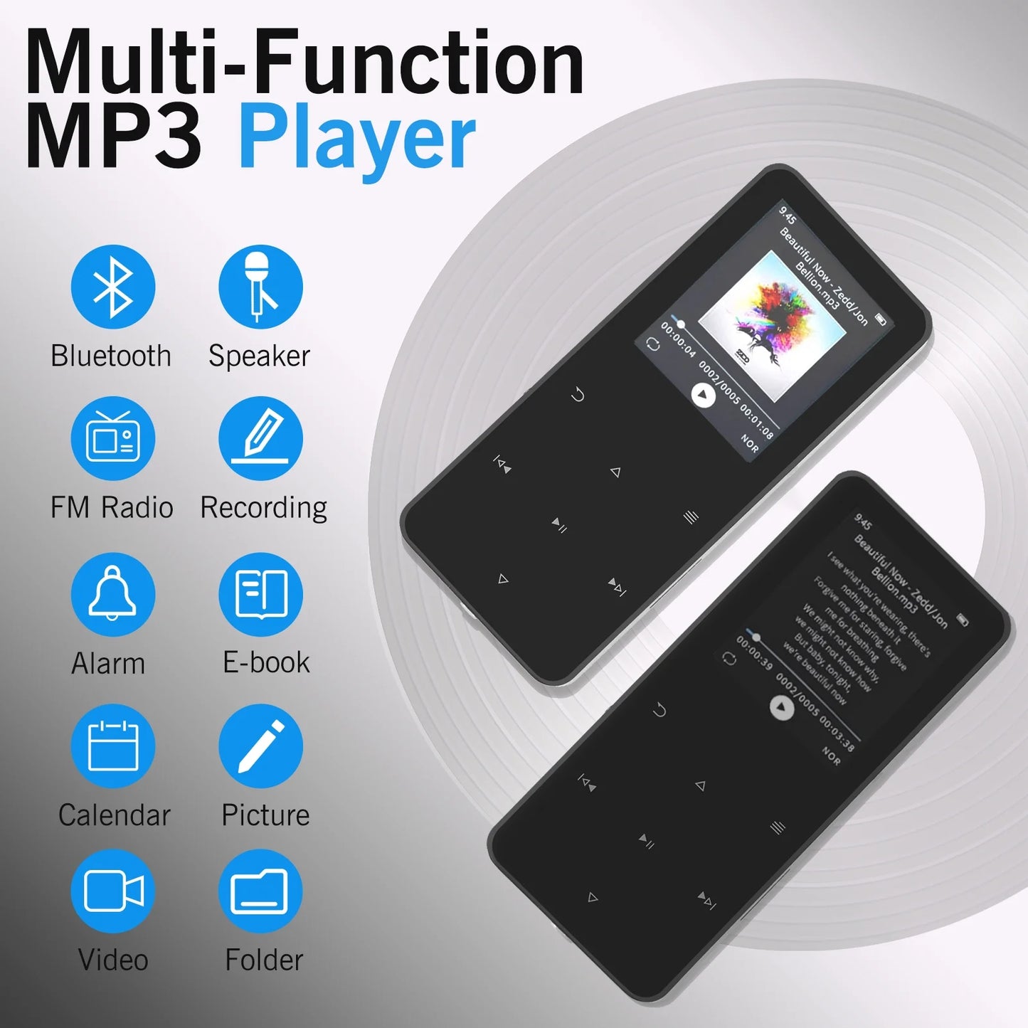 16GB MP3 Player with Bluetooth 1.8 inch Screen Portable Music Player with Speaker, Voice Recorder, Video, E-Book, Photo, Touch Buttons Digital Audio Player, Supports Expanded Up to 128GB, Black