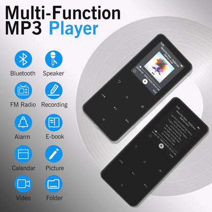 16GB MP3 Player with Bluetooth 1.8 inch Screen Portable Music Player with Speaker, Voice Recorder, Video, E-Book, Photo, Touch Buttons Digital Audio Player, Supports Expanded Up to 128GB, Black