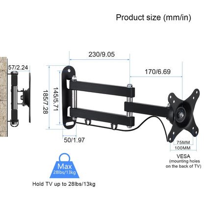 Full Motion TV Wall Mount, Universal Single Stud Corner Bracket for 13-32 inch TVs, Monitor Wall Mount for LCD Monitor Swivel Tilt Extension Rotation Articulating, VESA 100x100mm/75x75mm, up to 33LBS