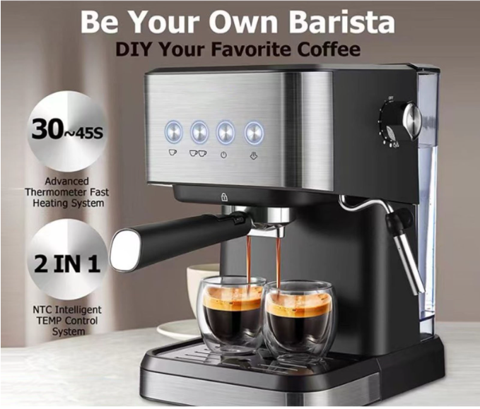 Coffee Machine 20 Bar, 1.5L Water Tank Milk Frother Steam, Stainless Steel Coffee Maker, Silver