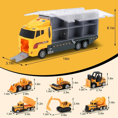 7 in 1 Construction Truck Vehicle Toy Set for Toddler Boy 1 2 3 4 5 Year Old, Die-Cast Toy Car Carrier Truck for Kids w/ Light & Sound Function, Alloy Metal Car Toys Birthday Gifts for 3-9 Boys Girls