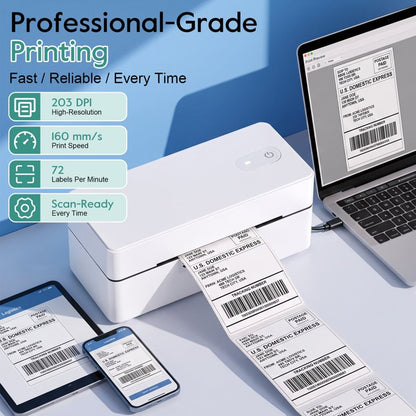 Bluetooth Thermal Shipping Label Printer, 4x6 Portable Thermal Address Label Maker for Small Business, Compatible with iPhone/Android/Windows/Mac, Works with Etsy Shopify USPS & More, White