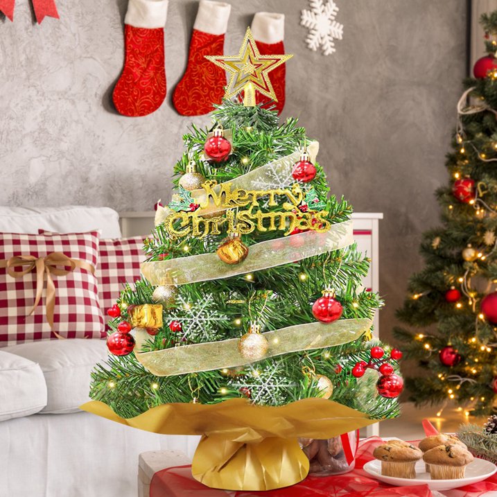 24 inch Tabletop Christmas Tree with LED String Lights/Red Berries Pine Cones, Pre-Lit Mini Christmas Tree w/ 30 DIY Ornaments, 2ft Small Artificial Xmas Tree for Holiday Indoor Christmas Decoration