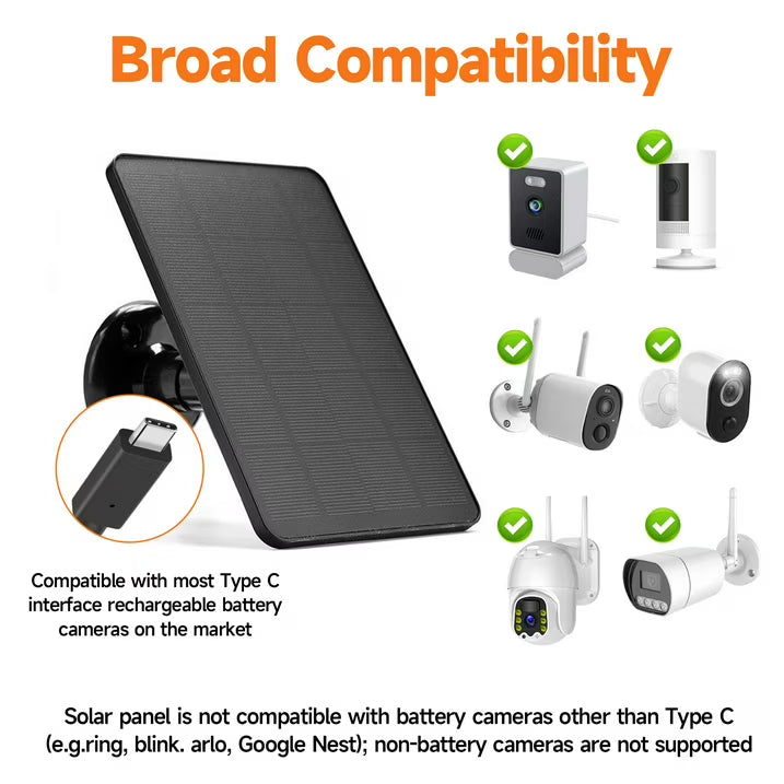 6W Solar Panel Charger, Solar Panel with Micro USB & USB C Port for DC 5V Outdoor Rechargeable Battery Camera, IP66 Waterproof, 360° Adjustable Security Mount, Black