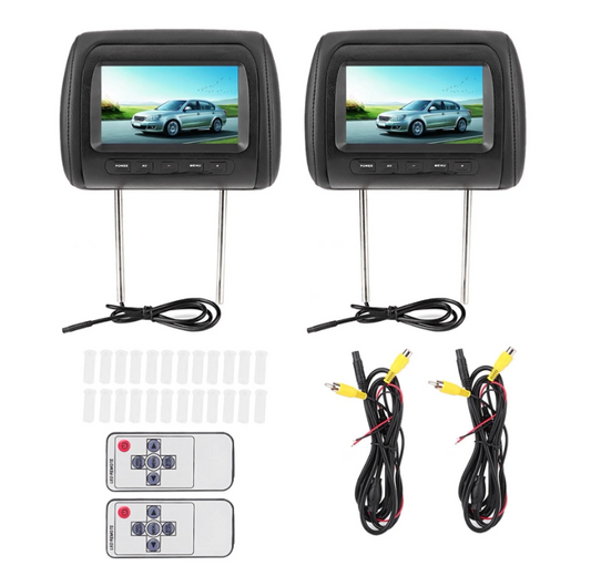 Wireless Adjustable Headrest LCD Car Video Monitors with Data Cable, Black, 7 inches, 2 pieces
