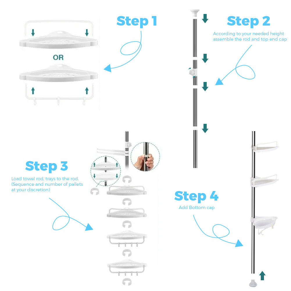 Corner Shower Caddy Tension Pole- 4-Tier Adjustable Metal Bathroom Shower Rrganizer- 3.5-10FT,White