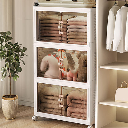 Fyydes 3 Pack Foldable Stackable Lidded Storage Box Containers with Lids and Wheels and Double Doors for Book Storage