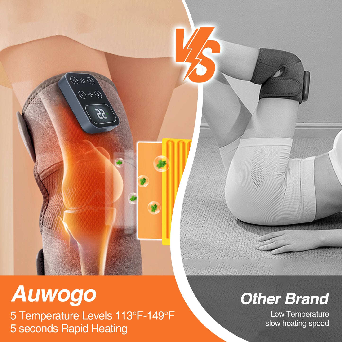 Cordless Heated Knee Massager with Vibration, 5 Heat Levels & 3 Massage Modes, Electric Knee Brace with Massage for Men Women
