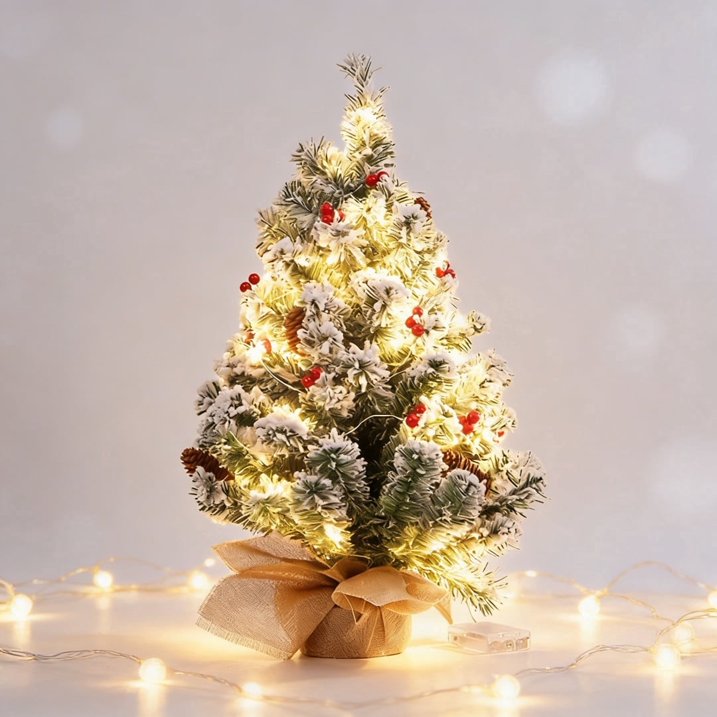 20 inch Prelit Snow Flocked Christmas Tree with Light, Small Artificial Tabletop Xmas Trees with Red Berries, Pinecones and Cloth Bag Base, Indoor Table Centerpieces Xmas Home Holiday Decorations