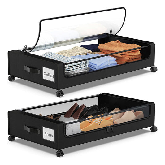 Under Bed Storage with Wheels, 2Pack 48L Under Bed Storage Containers With Clear Lid For Clothes, Shoes, Toys,Blankets,Black