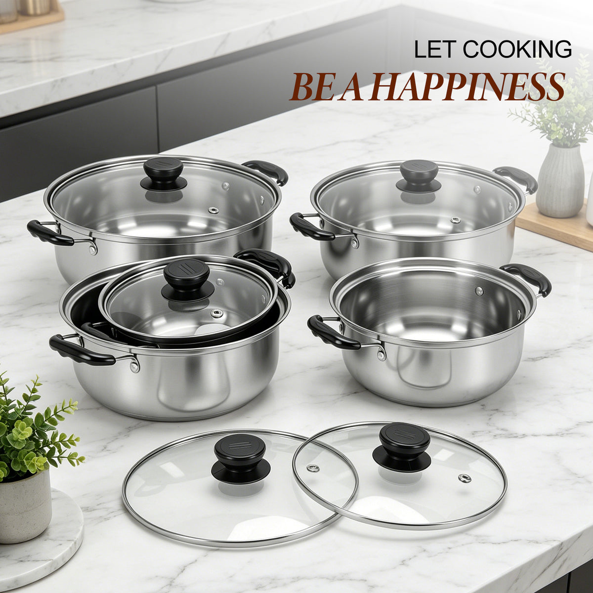 Stainless Steel Pots Sets 10 Piece, Kitchen Cookware Set Saucepan with Glass Lid Stockpot Soup Pot with 2 Ear Handle For Cooking Dishwasher