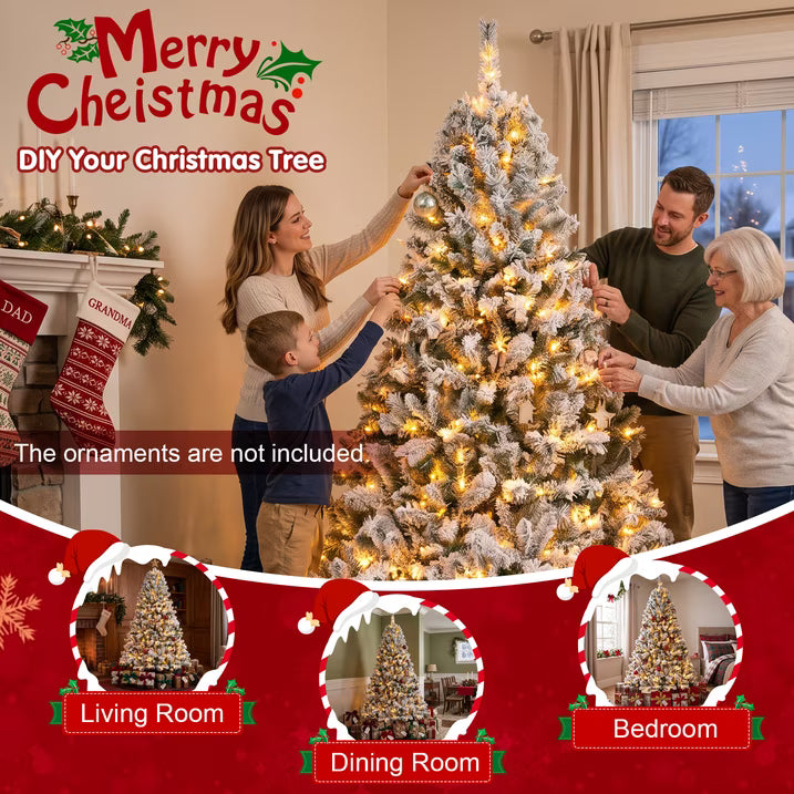 6ft Artificial Xmas Tree Realistic Reusable Snow Flocked Xmas Pine Tree with Dense Branches Metal Base for Holiday Decor Lights