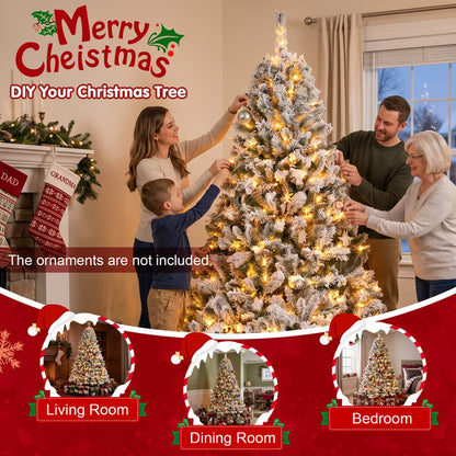 6ft Artificial Xmas Tree Realistic Reusable Snow Flocked Xmas Pine Tree with Dense Branches Metal Base for Holiday Decor Lights