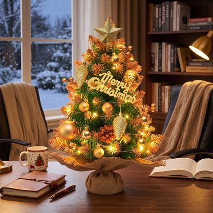 Mini Christmas Tree Tabletop Set with LED Lights, Artificial Small Christmas Tree with Star Treetop, Berries Pinecone, Ball Ornaments, DIY Xmas Decorations for Home Office and Indoor Festive Displays