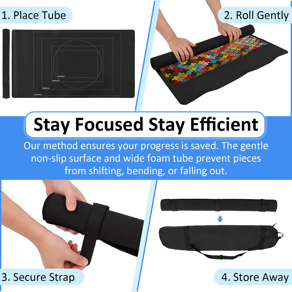 Adult Jigsaw Puzzle Mat Roll Up, Saver Pad 45" x 25" Portable Keeper Up to 1500 Pieces with Non-Slip Rubber Bottom and Polyester Top + 4 Puzzle Sorting Trays, Travel-Friendly Storage Bag