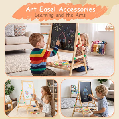 Painting Wooden Art Easel for Kids, 2-in-1 Double-Sided Drawing Board, Chalkboard & Dry Whiteboard with Markers, Eraser, Magnetic Letters/Numbers, Standing Easel Set for Xmas Birthday Holiday Gifts