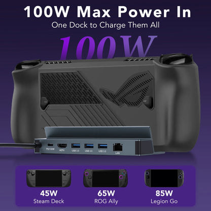 Docking Station 4K@60Hz for Steam Deck OLED/ROG Ally, 6 in 1 Stream Deck Dock with HD-MI 2.0, Gigabit Ethernet, 3 USB 3.0, 100W Charge for Steam Deck
