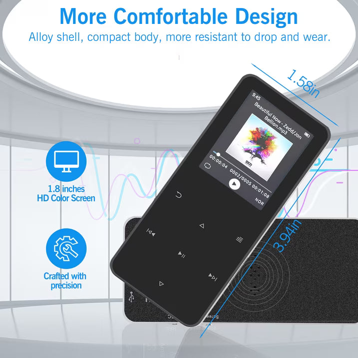 64GB MP3 Player with Bluetooth 5.0 Portable Digital Music Player with Speaker, Voice Recorder, E-Book, Video, 1.8 inch Screen Touch Buttons Digital Audio Player, Black
