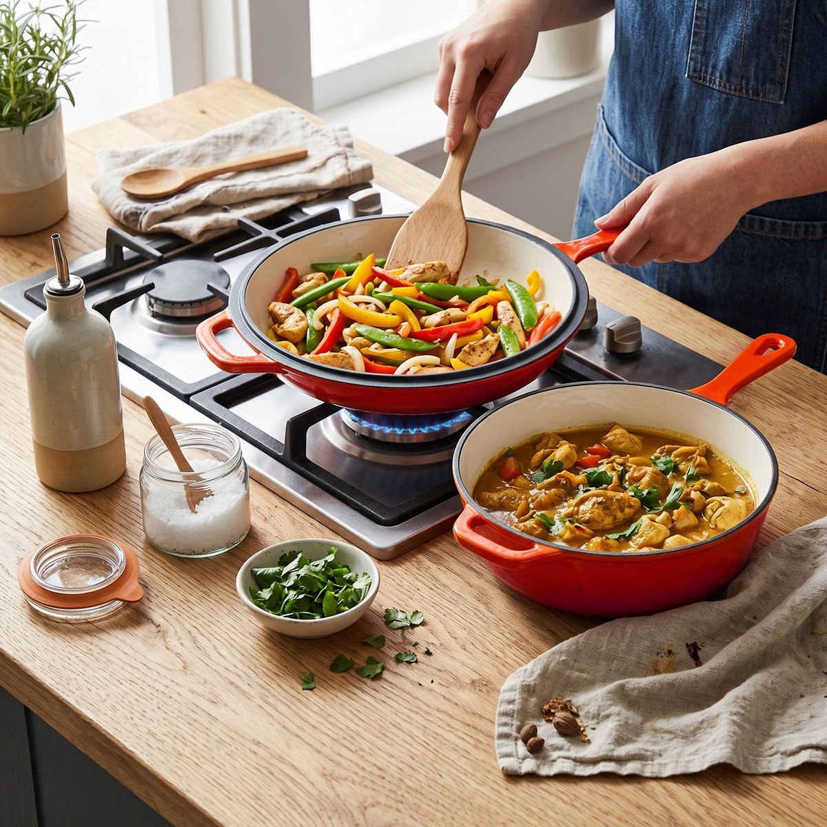2 in 1 Cast Iron Dutch Oven Pot with Skillet Lid, 4+2qt Enamel Dutch Oven Dual Handle, All-in-One Cookware, Orange
