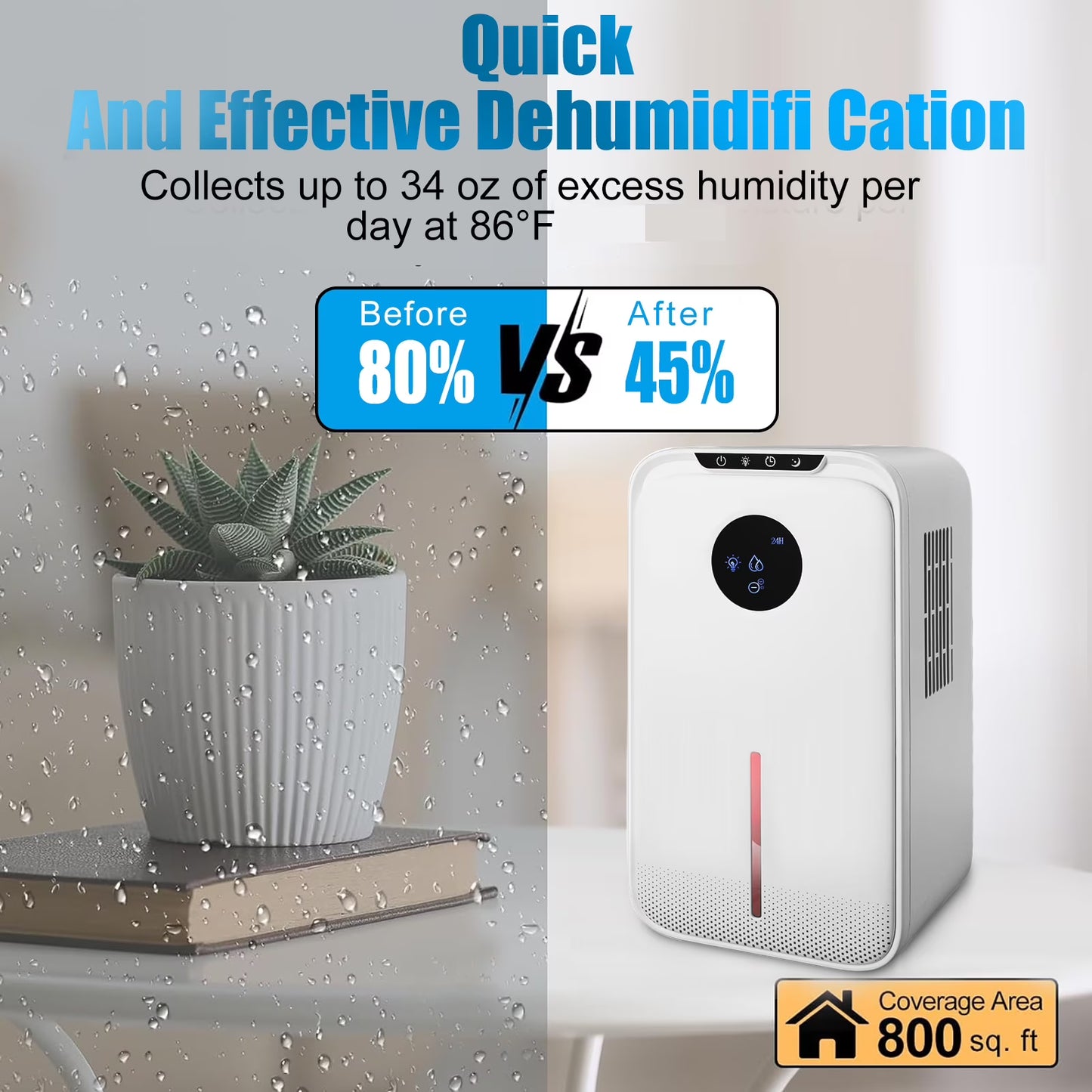 8-Pint Protable Dehumidifier Covers 800 Sq.Ft with Colorful Night Light & Drain Hose,0.66 Gallon Water Tank,2 Modes,24H Timer,Portable Dehumidifier for Basement/Bathroom/Laundry Room