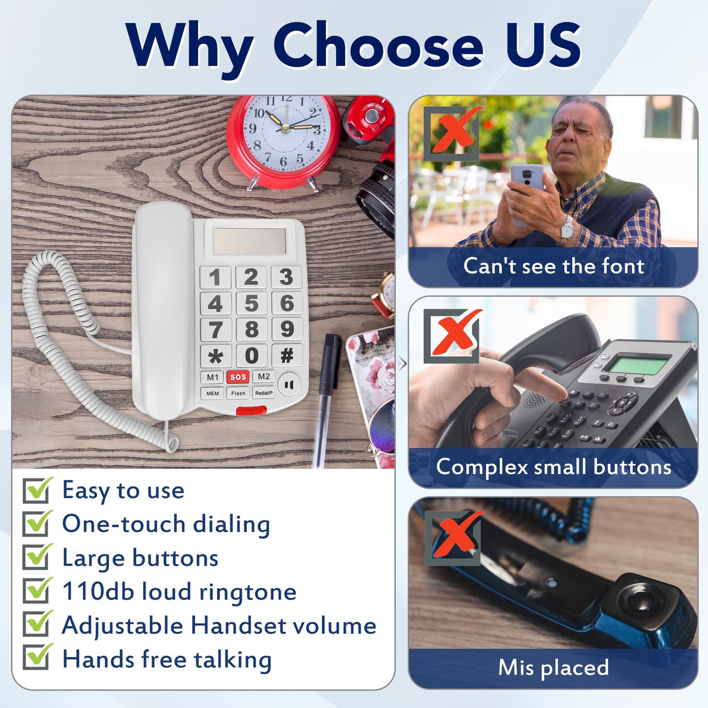 Large Button Phones for Seniors, Wired Telephone with Caller ID/Hands-Free for Office, Adjustable Amplified Volume Landline Phones for Visually/Hearing Impaired Elderly Emergency House Phones